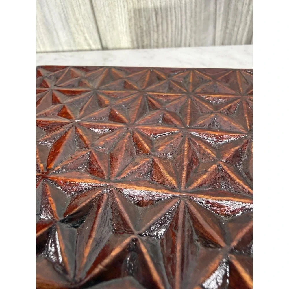 Vintage Hand Carved Wooden Trinket Box Geometric Starburst Design Dark Wood